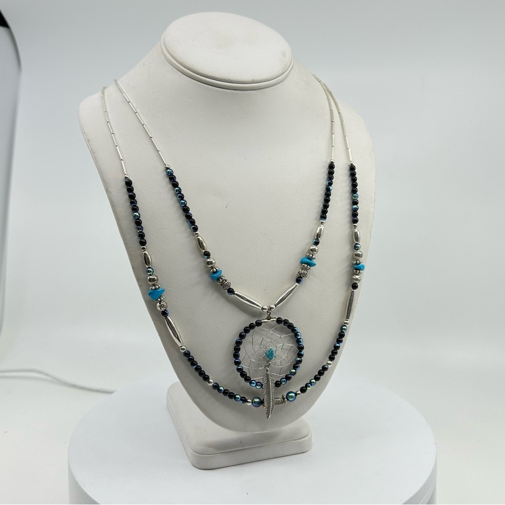 Handmade Silver American South-West Style Double Strand Necklace Dreamcatcher